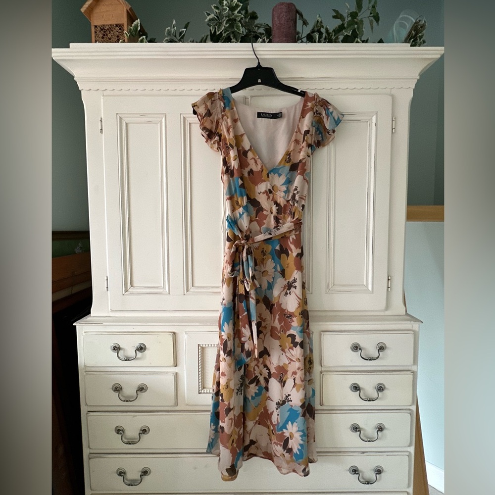 Ralph Lauren Floral Maxi Dress in Blue, Brown, and Cream NWOT